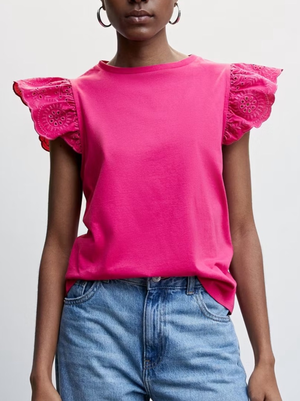Mango Eyelet Flutter Sleeve Crewneck Top in Fuchsia